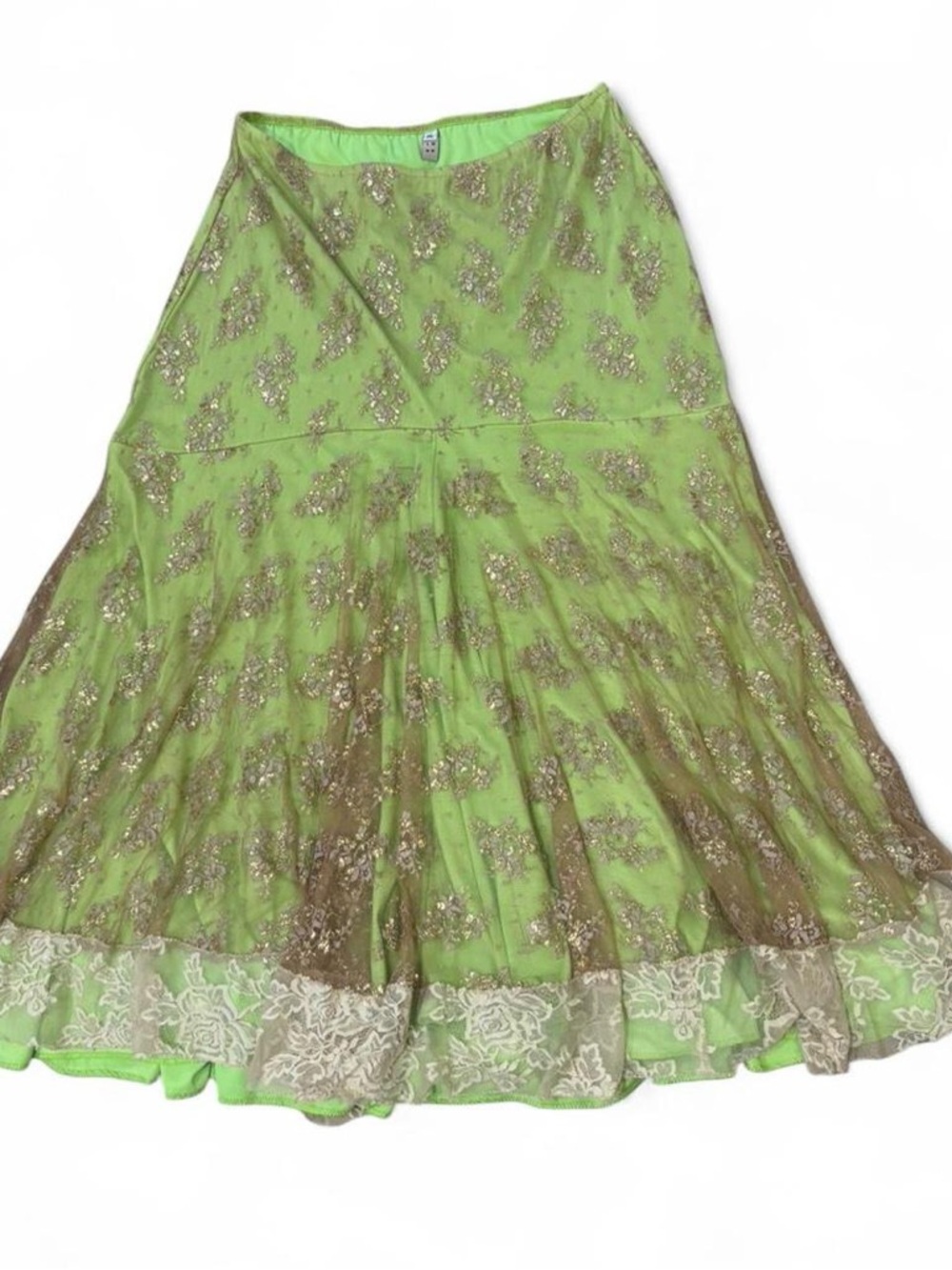 Fairycore whimsical Green Embroidered gold lace skirt